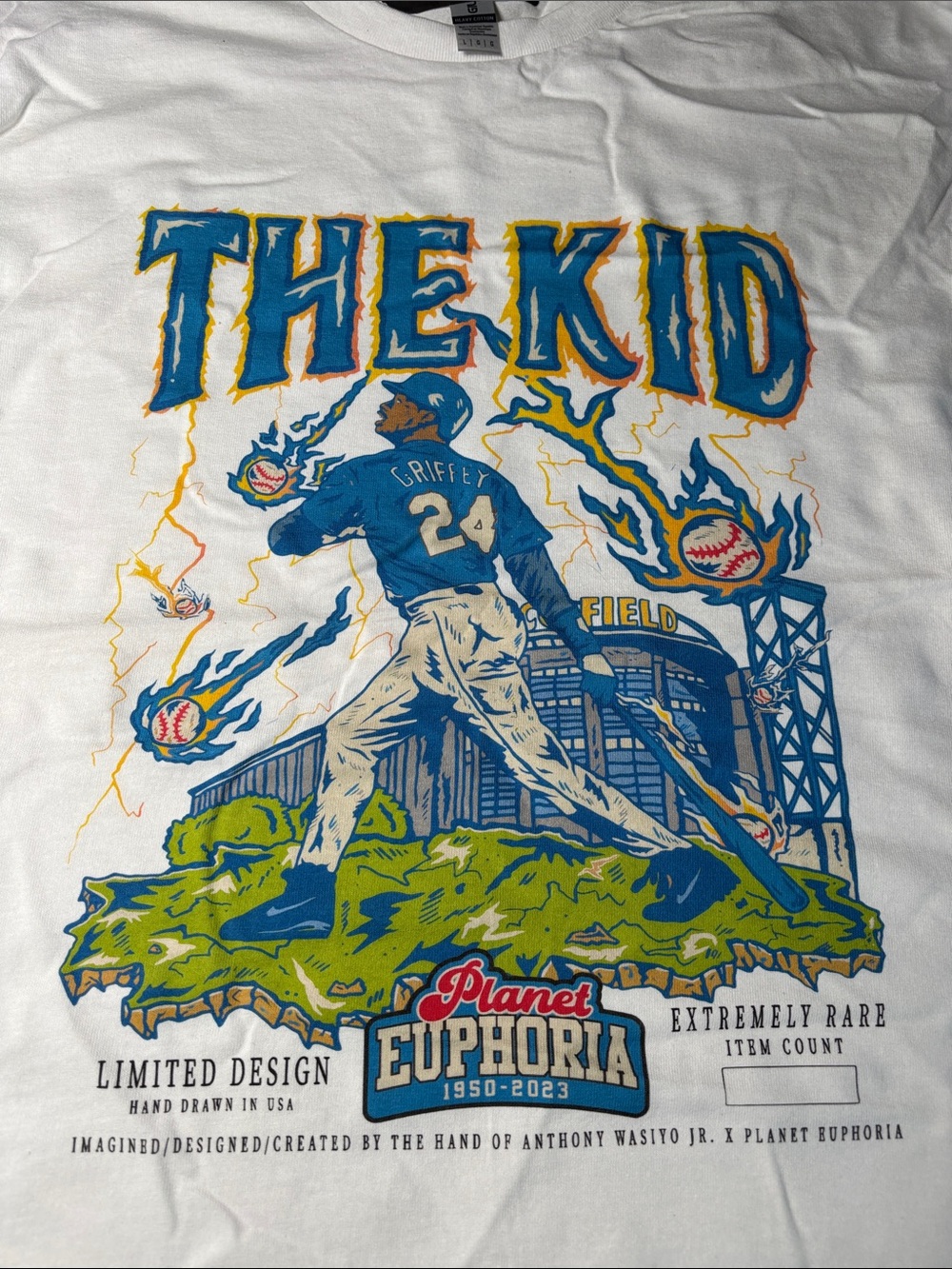 Gildan White Kids Tee with Blue & Green 'The Kid' Baseball Graphic